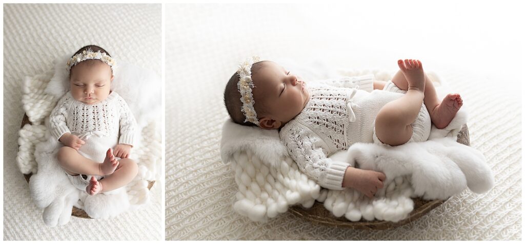 Organic heirloom newborn photography featuring baby wrapped in white knit